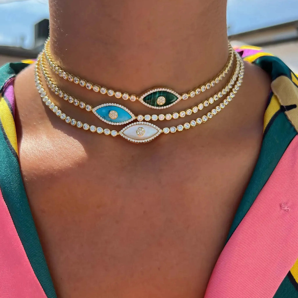 18K Gold Plated Turkey Rhinestone Evil Eye Opal Turquoise Zircon Choker Necklace
