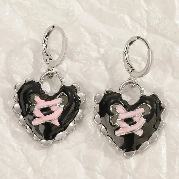Goth Vintage Pink Strawberry Heart Star Bowknot Pendant Earrings EMO Y2K Fashion