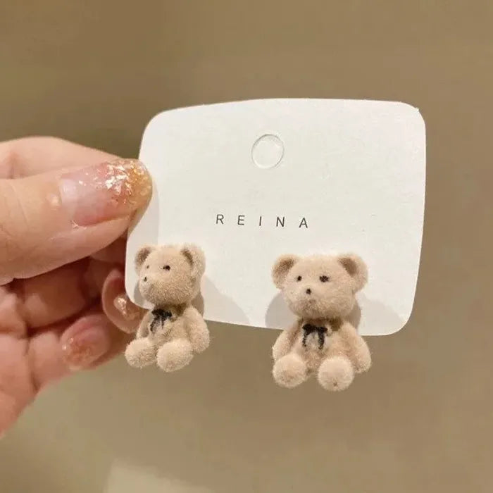 Flocking Plush Pearl Bear Stud Earrings Zinc Alloy Animal Jewelry for Women