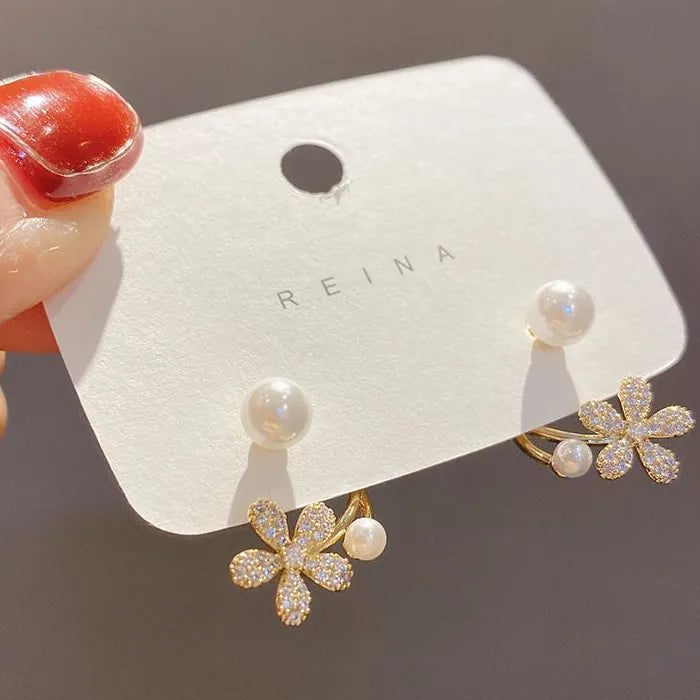 Pearl Rhinestone Flower Drop Earrings Zinc Alloy Crystal Jewelry Light Luxury