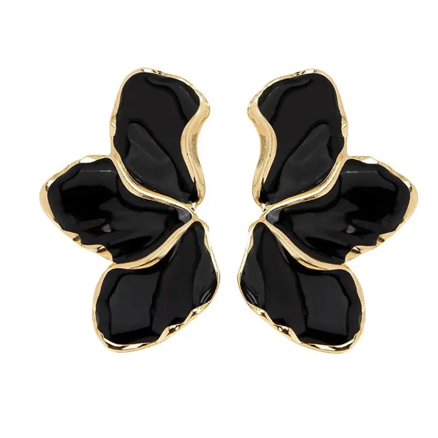 Vintage Black Enamel Flower Leaf Stud Earrings for Women Nature Jewelry