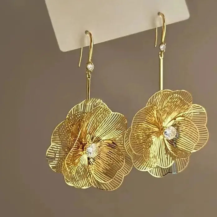 Gold Double-Layer Hollow Flower Hoop Earrings for Women Vintage Jewelry Gift