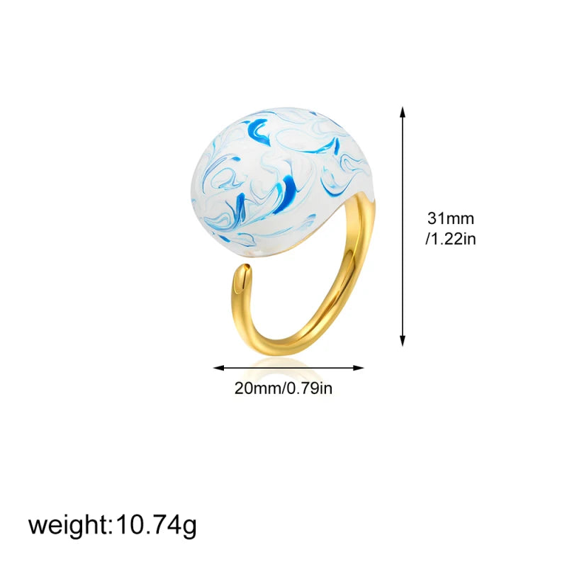 18k Gold Plated Stainless Steel Blue White Porcelain Waterdrop Dome Ring Geometric