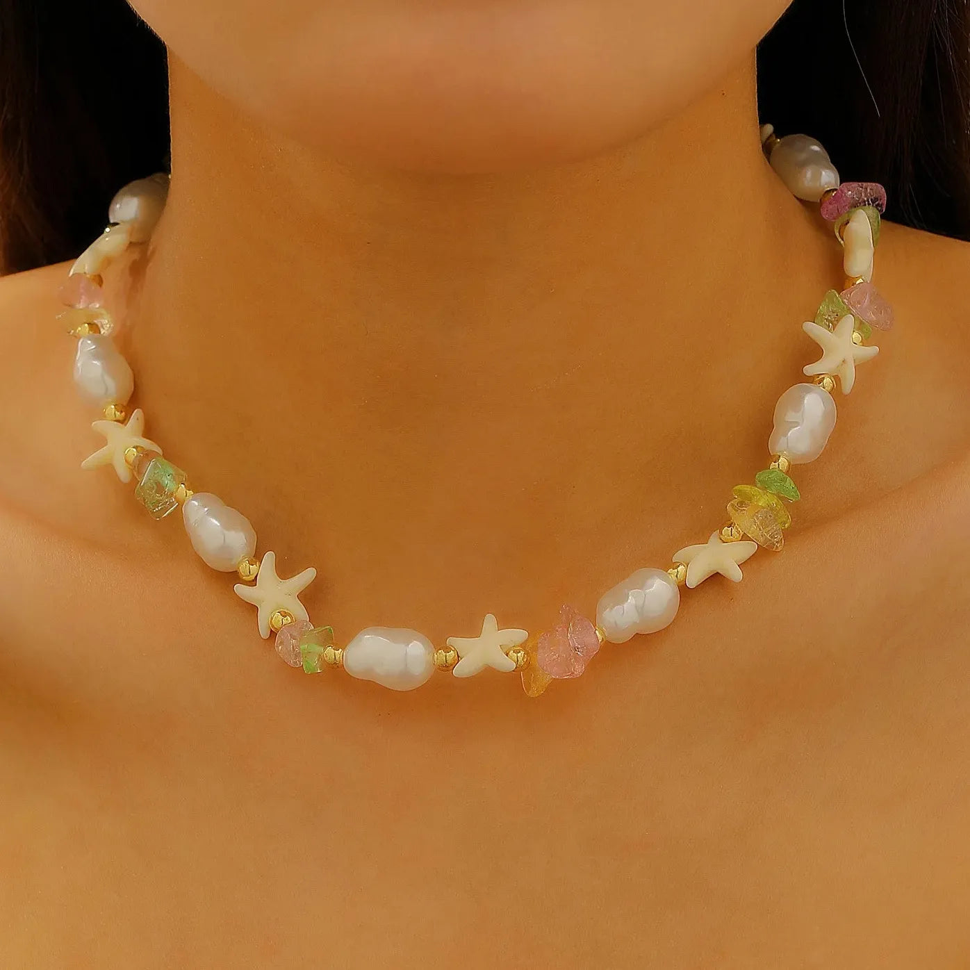 Handmade Rope Ceramic Fish Conch Pendant Necklace Women Starfish Shell Choker Jewelry