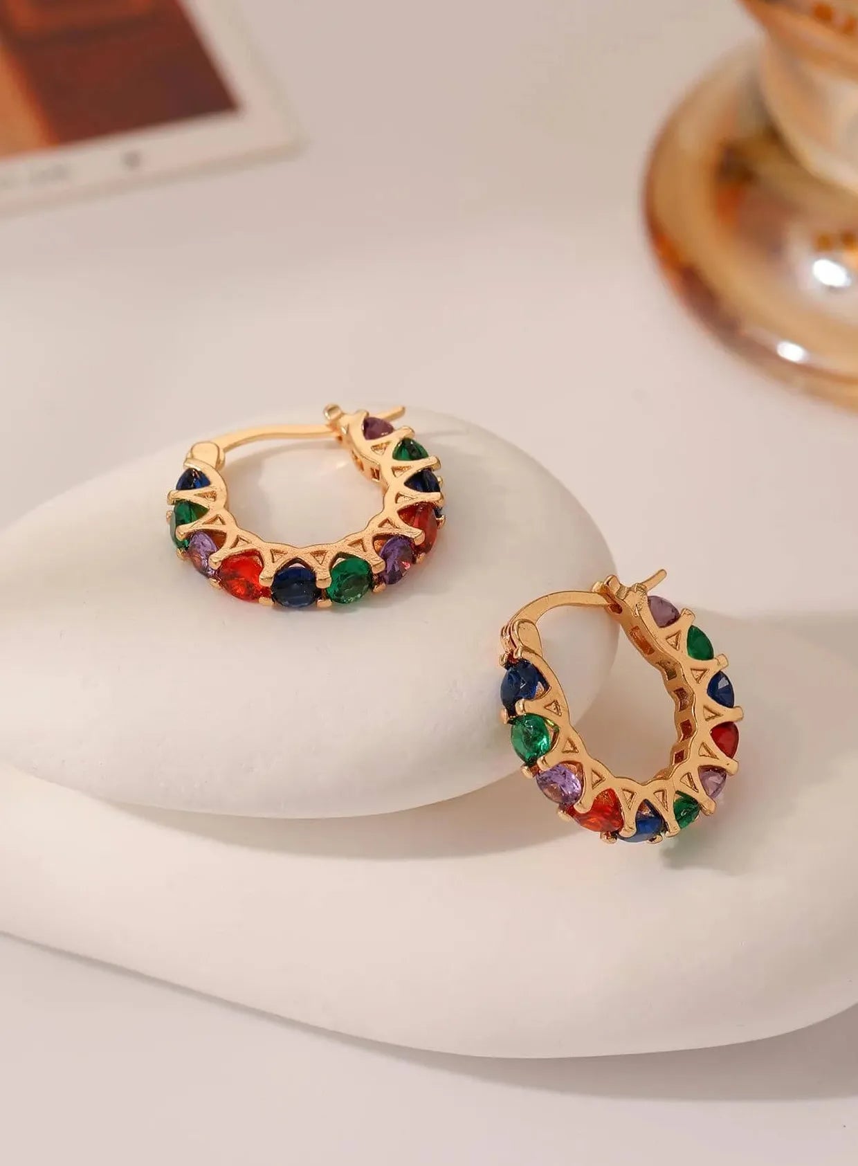 Rainbow Rectangular Cubic Zirconia Copper Hoop Earrings for Women Wedding Jewelry