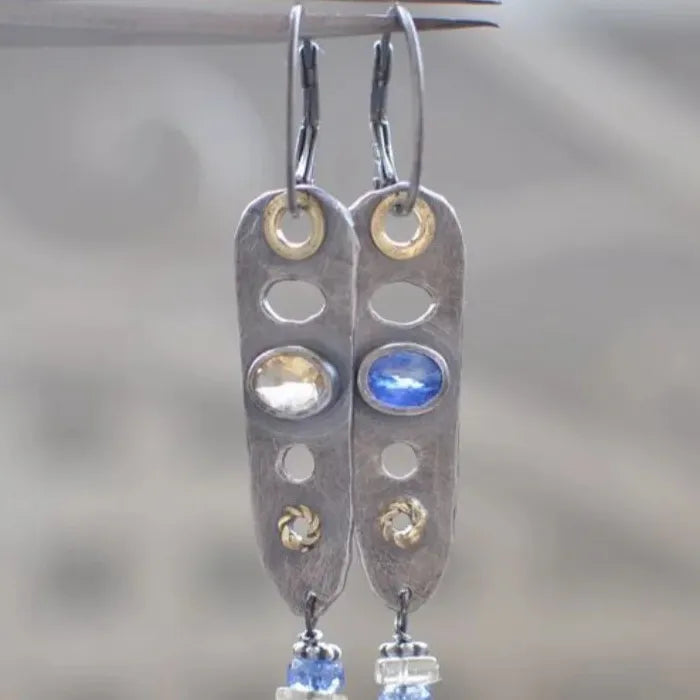 Vintage Pentagram Inlaid Blue Stone Earrings Ethnic Style Silver Drop Jewelry