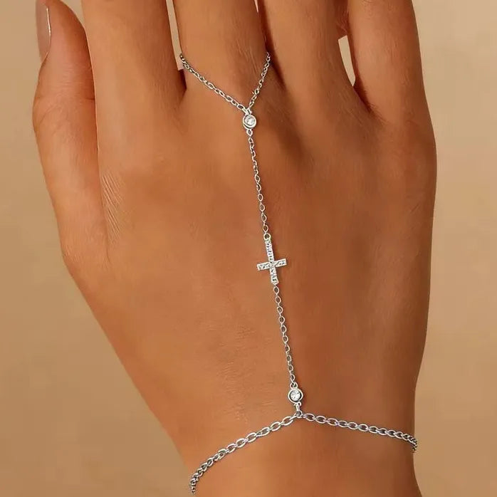 Copper Metal Cross Bracelet for Women Crystal Zircon Bead Chain Bangle Jewelry