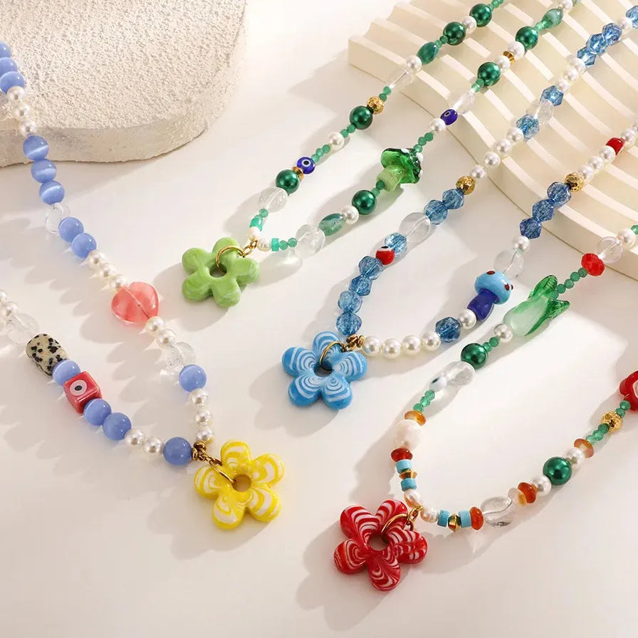 Handmade Summer Multicolor Flower Pearl Beaded Choker Necklace Elegant