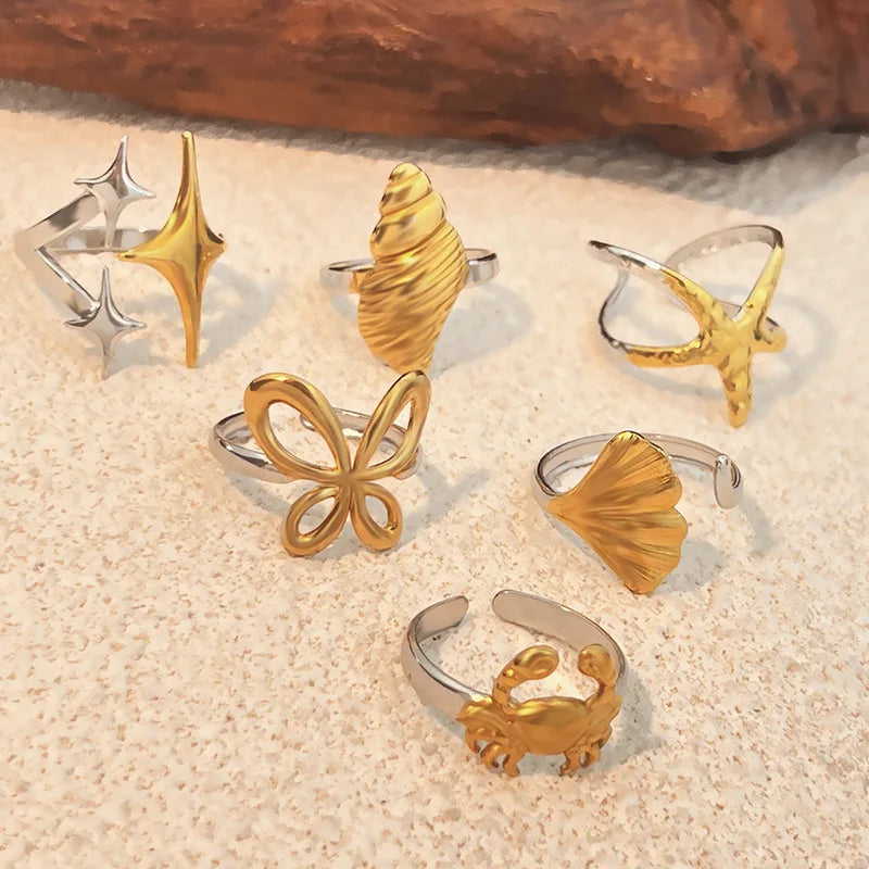 18K Gold Plated Ocean Series Opening Ring Mini Crab Conch Starfish for Women