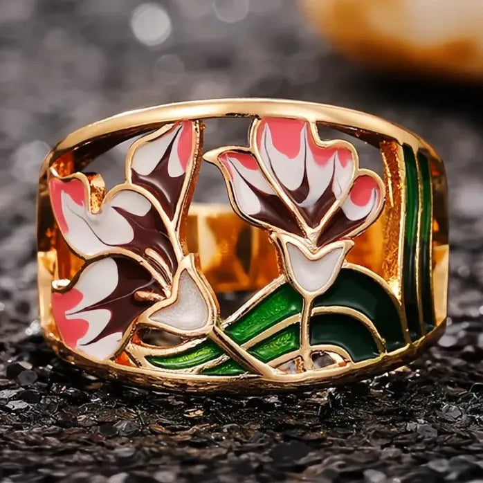 Handmade Brass Epoxy Flower Rings for Women Wedding Party Jewelry