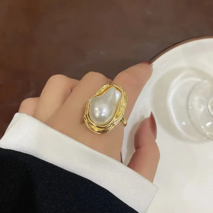Vintage Geometrical Baroque Pearl Adjustable Ring for Women Fashion Jewelry