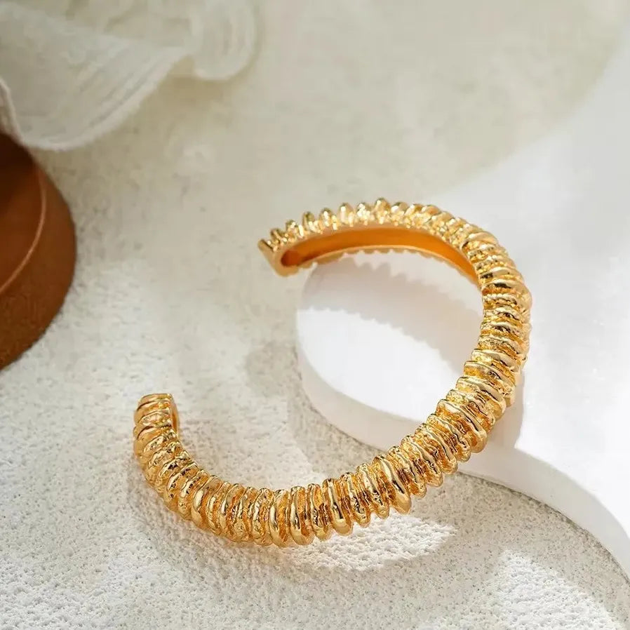 18K Gold Plated Stainless Steel Lava Textured Multi-layer Open Cuff Bracelet