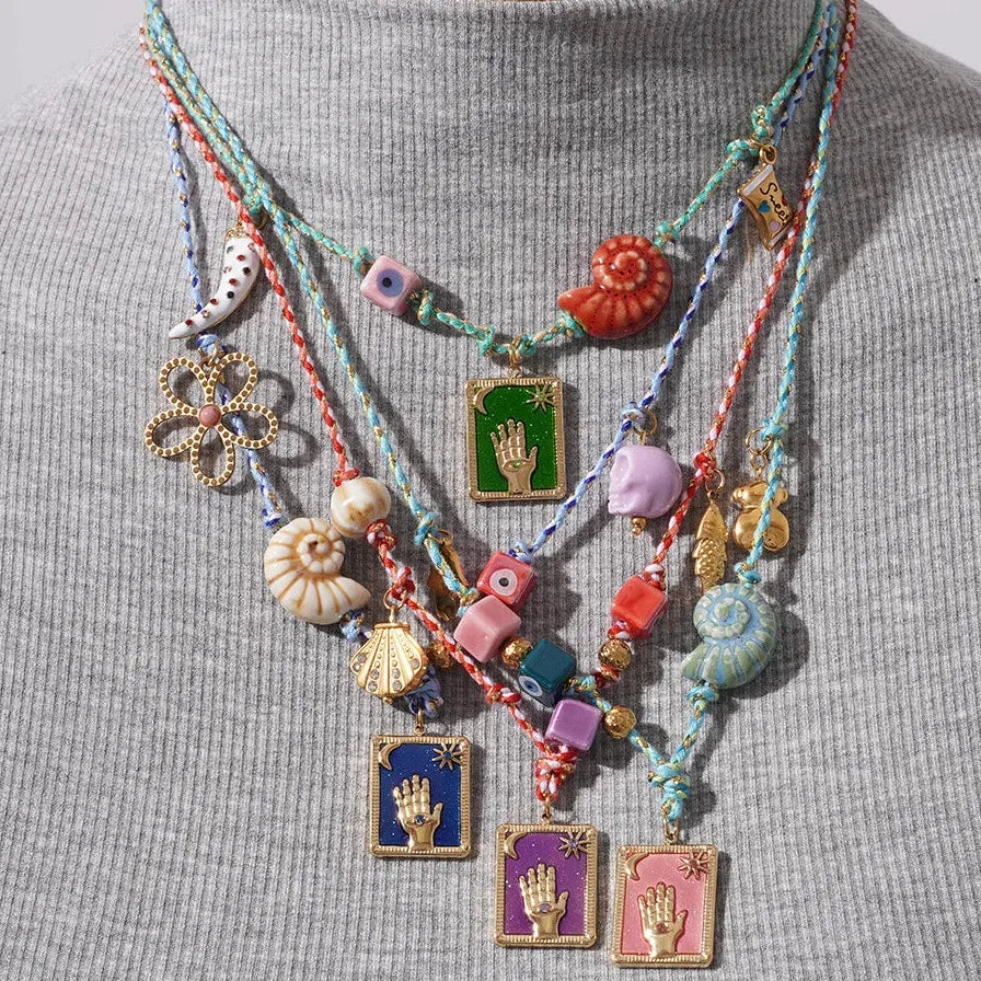 Multi-Color Oil Drip Enamel Tarot Card Pendant Necklace Stainless Steel Chain