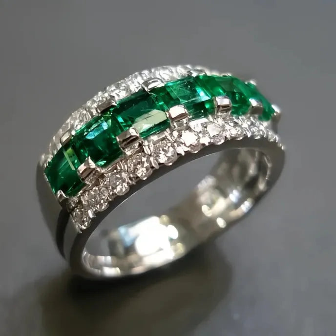 Luxury Dark Green Square Cubic Zirconia Wedding Band Ring for Women Silver Brass Fashion Jewelry