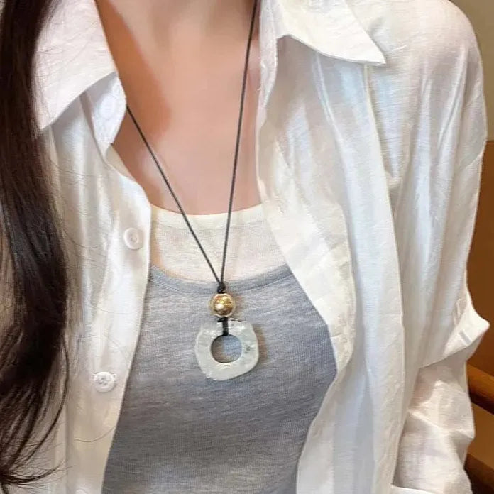 Round Hollow Pendant Necklace for Women Black Leather Rope Sweater Chain Geometric Design