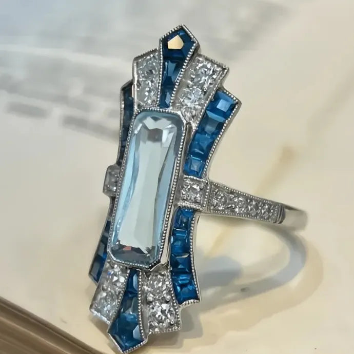 Luxury Blue Cubic Zirconia Cocktail Ring Brass Anniversary Gift for Women