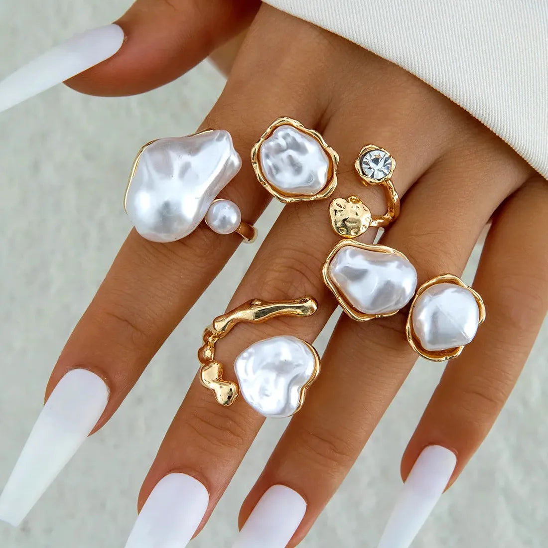 5Pcs Retro Baroque Pearl Asymmetric Geometric Gold Rings Set for Women Jewelry