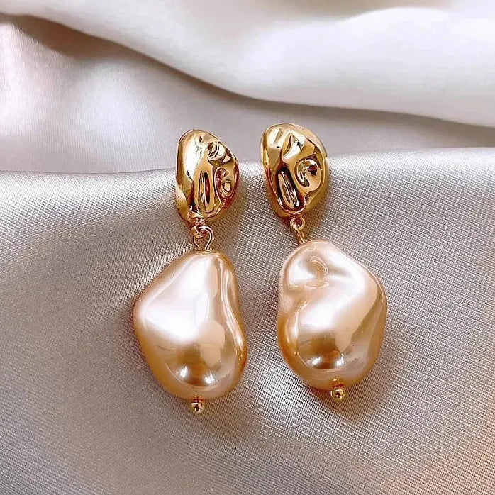 Irregular Champagne Pearl Drop Earrings Bridal Wedding Jewelry Gift Women