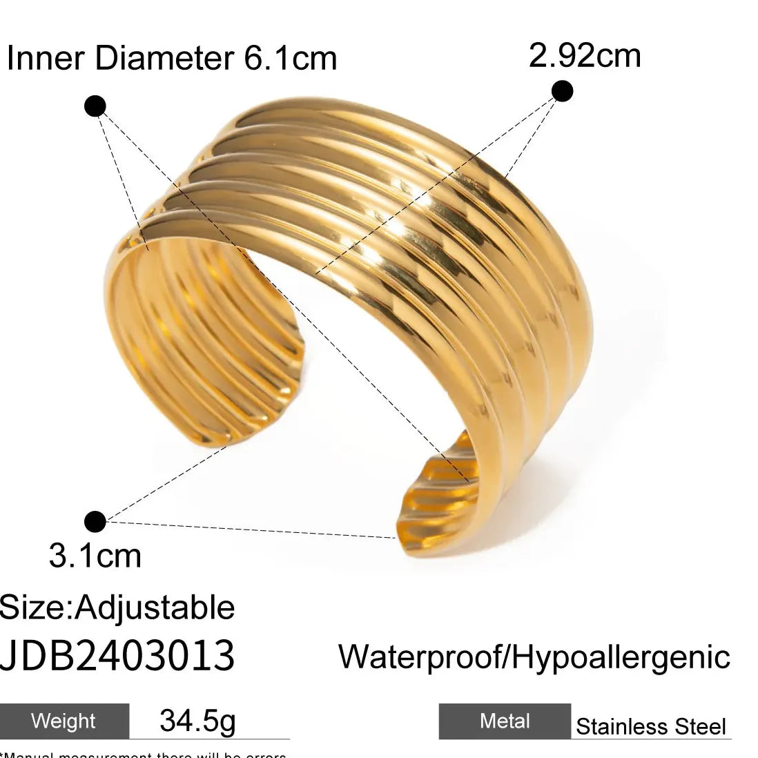 18k Gold Plated 316 Stainless Steel Geometric Adjustable Cuff Bracelet for Women