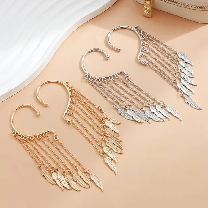Metal Leaf Multi-Layer Tassel Zinc Alloy Clip-On Ear Wrap Cuff Earrings