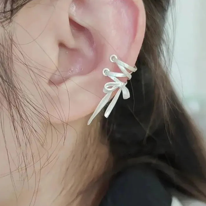 Vintage Silver Bow Zinc Alloy Clip-On Ear Cuff Earrings for Women