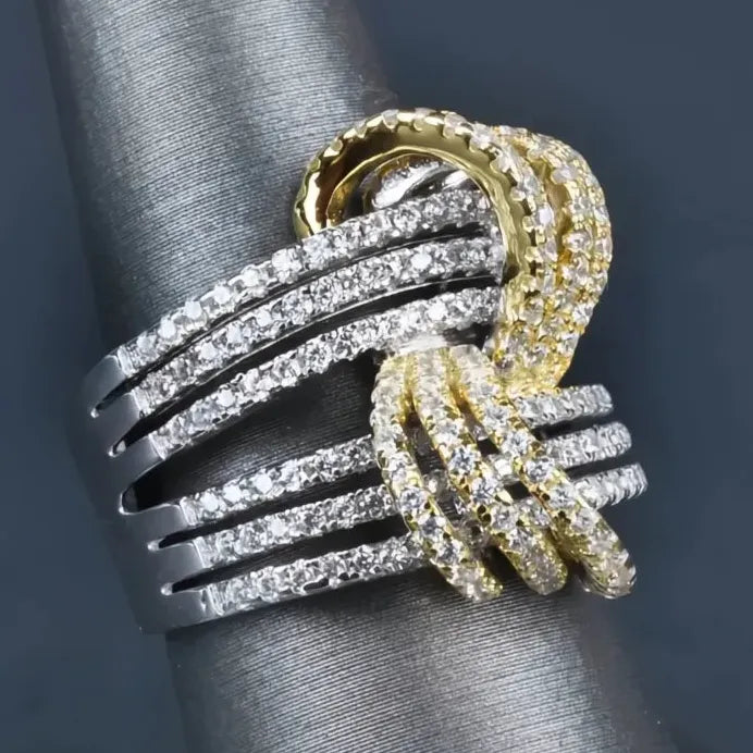 Elegant Two-Tone Geometric Finger Ring with Cubic Zirconia for Women