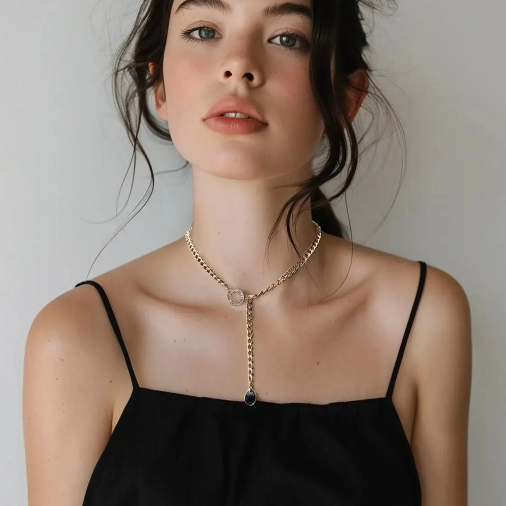 Boho Gold Plated Stainless Steel Long Chain Necklace Featuring Natural Stone Beads