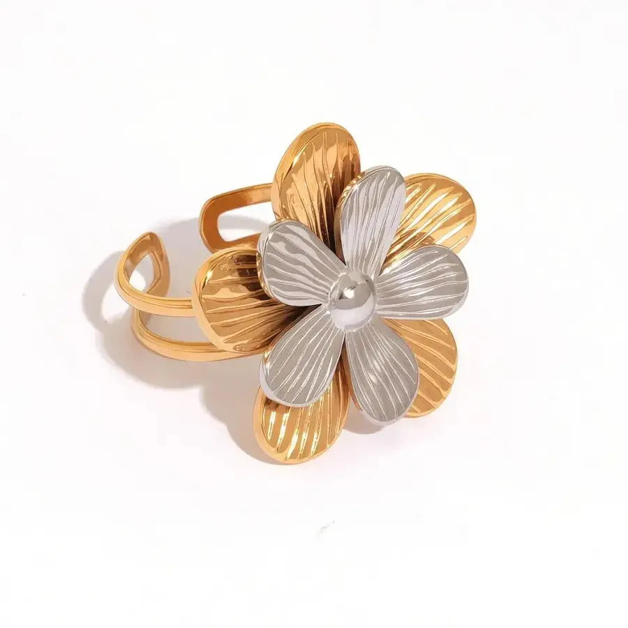 Stainless Steel Flower Rings for Women Men, Gold Silver, Double-Layer Open Band