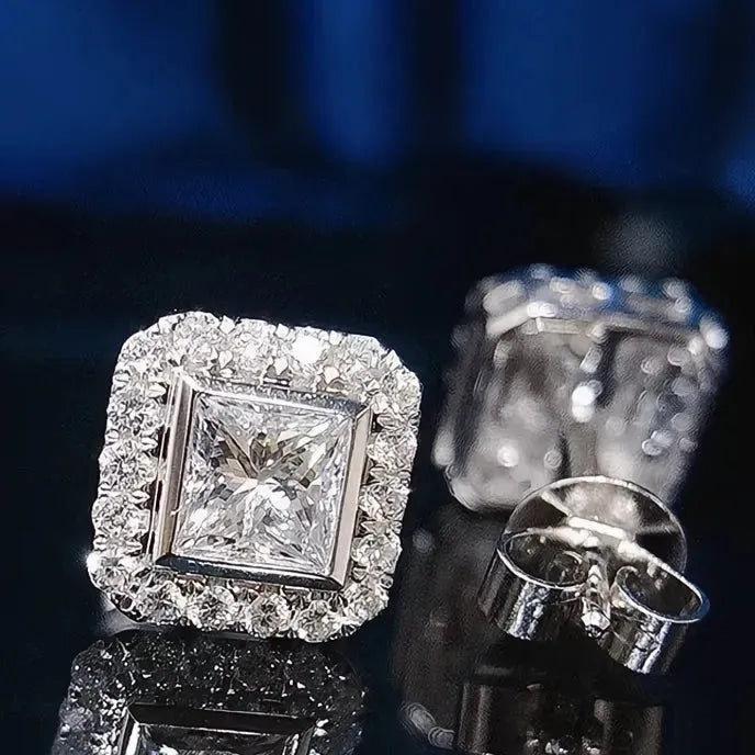 Cubic Zirconia Geometric Square Stud Earrings for Women Bridal Wedding Jewelry Copper Alloy