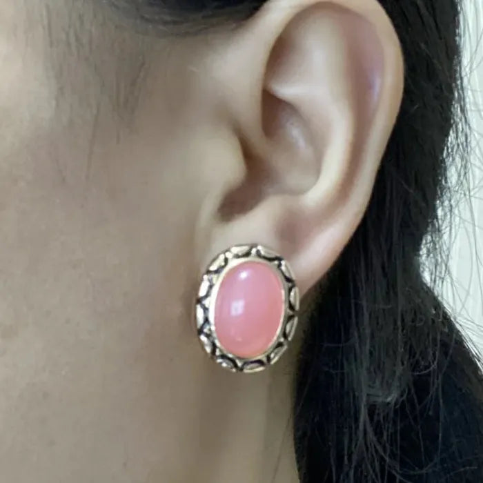 Retro Natural Rouge Pink Gemstone Earrings Zinc Alloy Arabic Ethnic Style Jewelry