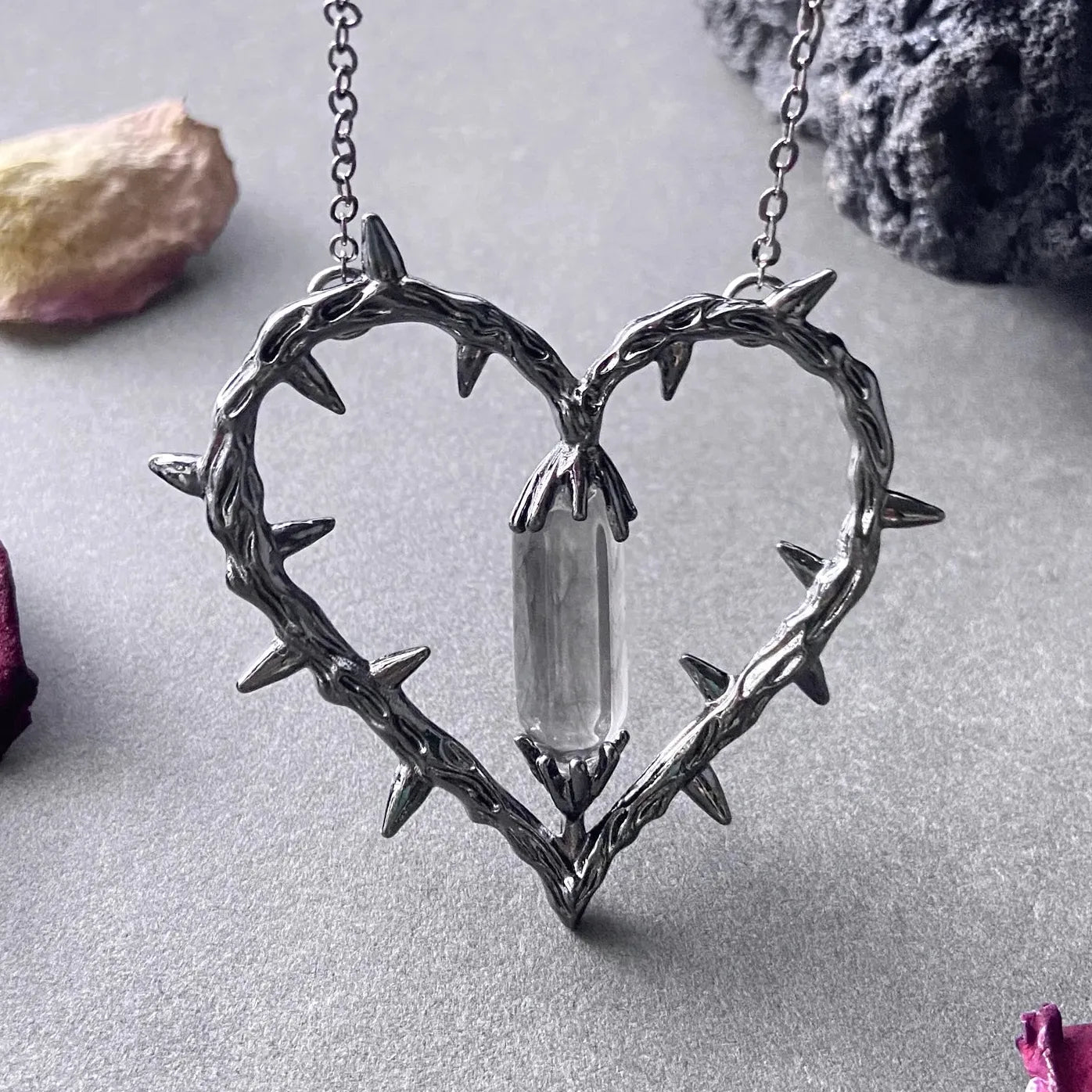 Vintage Thorn Heart Crystal Pendant Necklace Gothic Jewelry Gift for Men Women