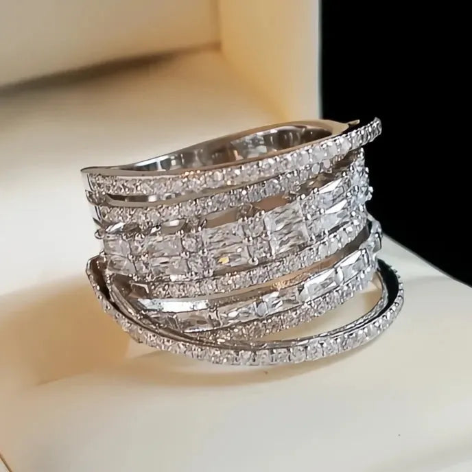 Fashion Multilayered Wide Geometric Cubic Zirconia Ring Brass Wedding Party Jewelry for Women