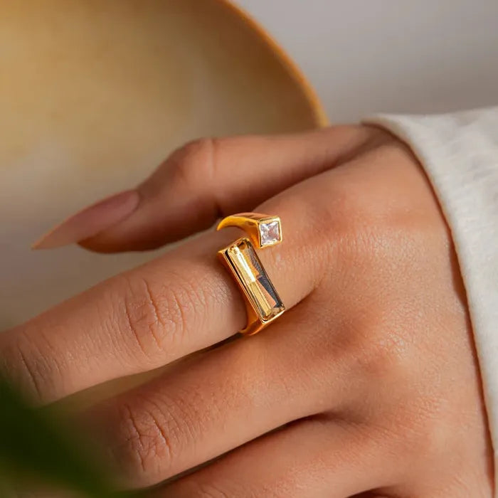 Adjustable Luxury Gold Zircon Geometric Square Ring for Women Party Jewelry Gift