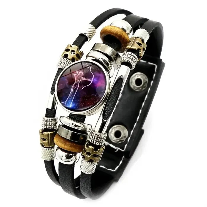 12 Constellation Zodiac Leather Bracelet with Glass Snap Button Unisex