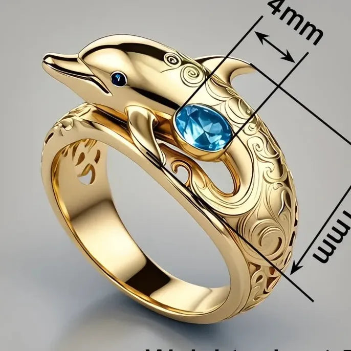 Women’s Brass Dolphin Cocktail Ring with Blue CZ Cubic Zirconia Animal Design