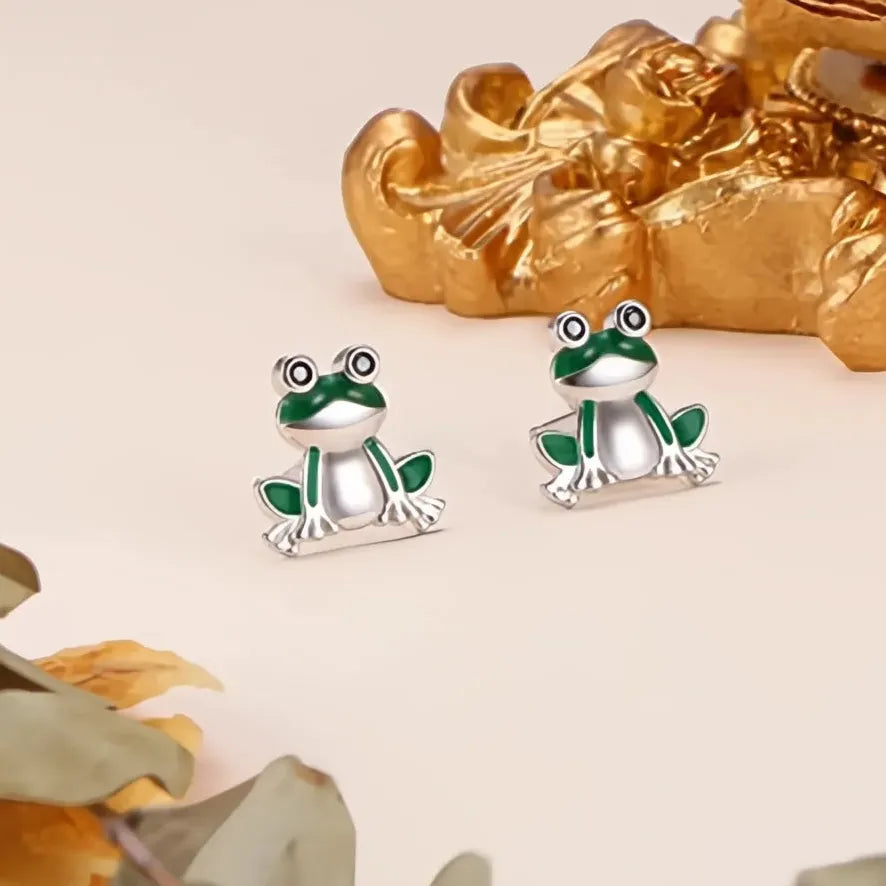 Green Frog Brass Enamel Stud Earrings Animal Jewelry Gift for Women & Teens