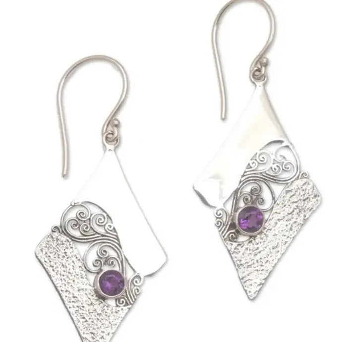 Geometric Pattern Carved Purple Gemstone Drop Earrings Zinc Alloy Gift