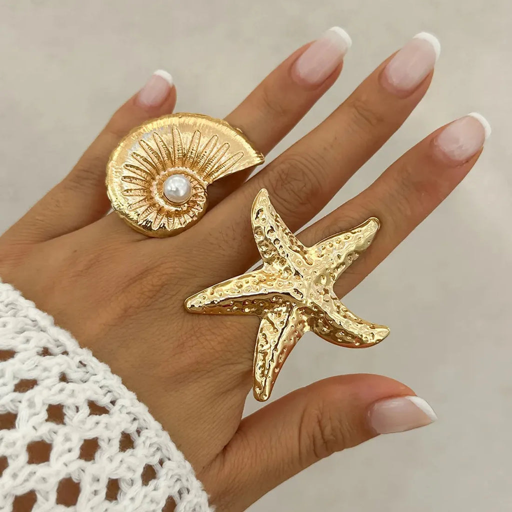 Gold Starfish Conch Pearl Ring for Women Summer Gift Beach Jewelry