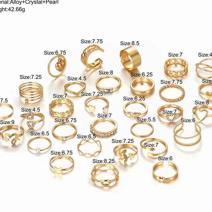 30Pcs Adjustable Vintage Gold Zircon Heart Butterfly Rings Set for Women