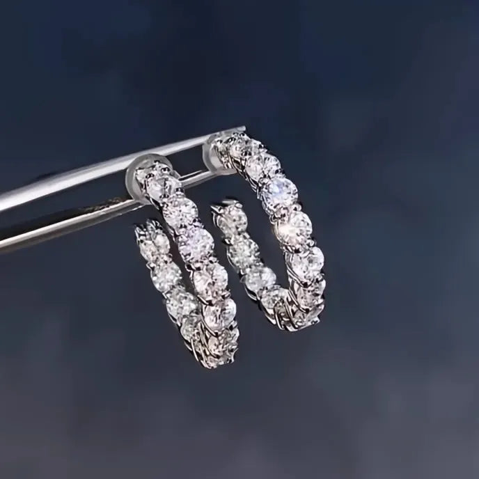 Silver Geometric Hoop Earrings for Women, Copper Alloy with Cubic Zirconia, Trendy Wedding Party Jewelry