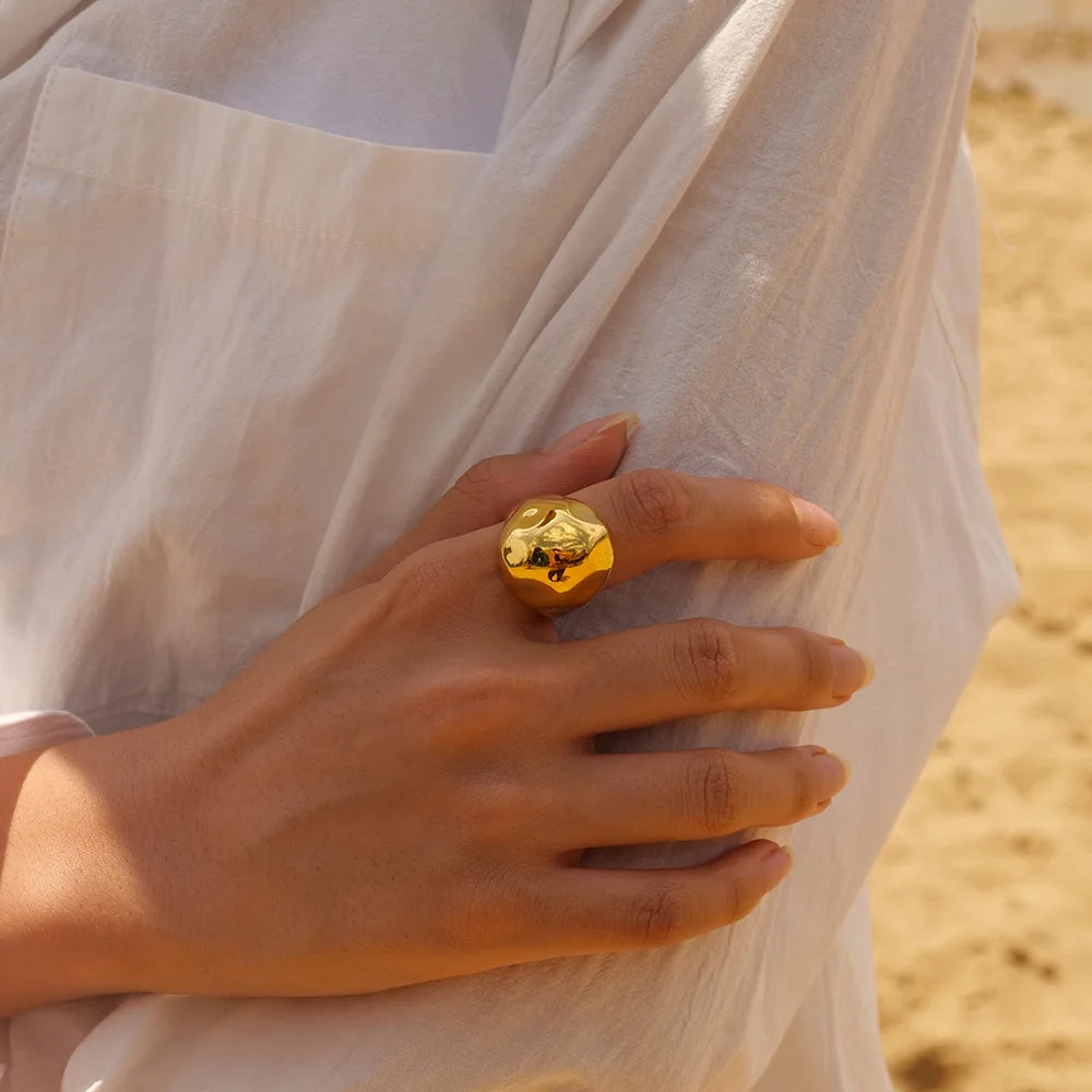Gold Plated Stainless Steel Chunky Large Dome Ring Women Wedding Anniversary Gift