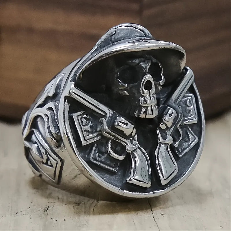 Vintage Cowboy Double Gun Skull Ring Men’s 316L Stainless Steel Punk Biker Hip Hop Jewelry