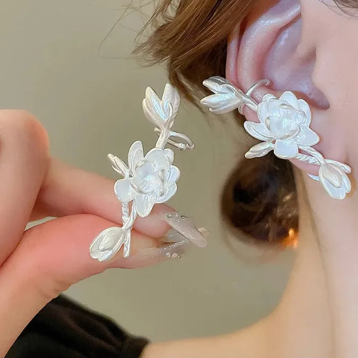 Vintage Matte Copper Jasmine Plant Stud Earrings Art Deco Unisex Jewelry
