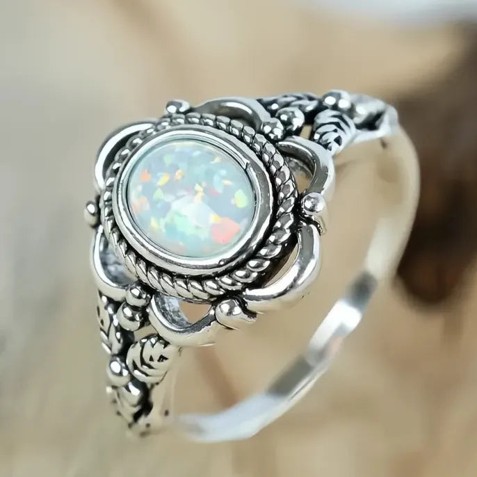 Vintage Brass Ring with Simulated Opal Plant Design Retro Party Jewelry for Women