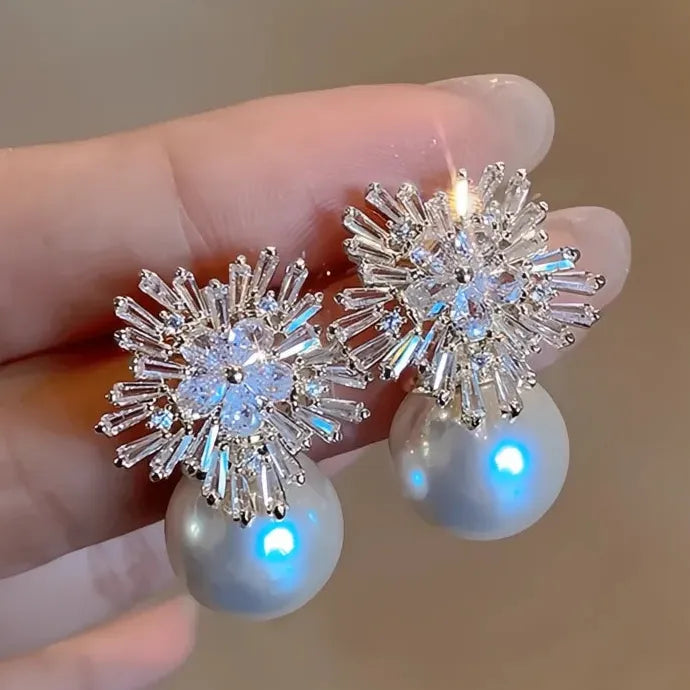 Simulated Pearl & Cubic Zirconia Geometric Drop Earrings for Women Brass Alloy
