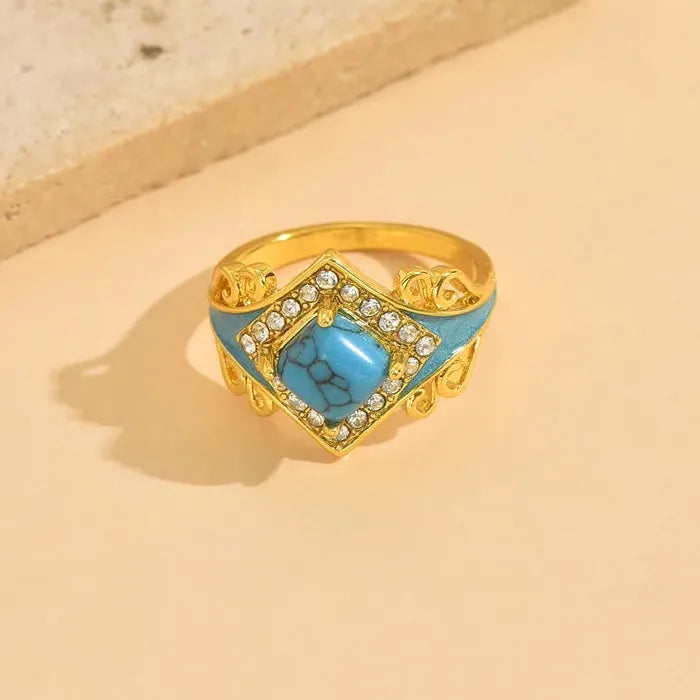 Vintage Bohemian Carved Flower Turquoise Ring Zinc Alloy Ethnic Style Gift