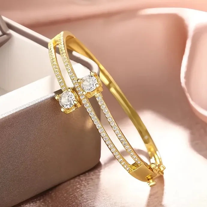 Women’s Silver Gold Copper Alloy CZ Geometric Bangle Bracelet Jewelry