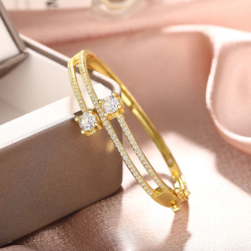 Women’s Silver Gold Copper Alloy CZ Geometric Bangle Bracelet Jewelry