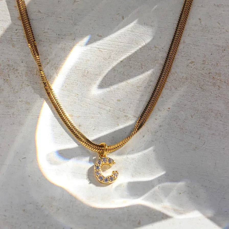 Stainless Steel Zircon Letter Pendant Necklace Flat Snake Chain Choker