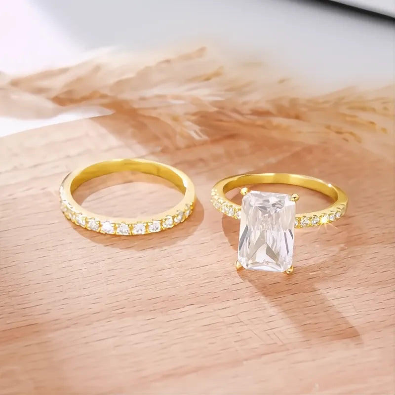 Rectangular Cubic Zirconia Bridal Wedding Rings Set for Women Luxury Trendy Engagement Band Jewelry